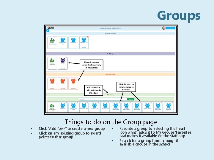 Groups • • Things to do on the Group page Click “Add New” to