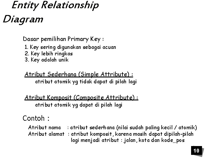 Entity Relationship Diagram Dasar pemilihan Primary Key : 1. Key sering digunakan sebagai acuan