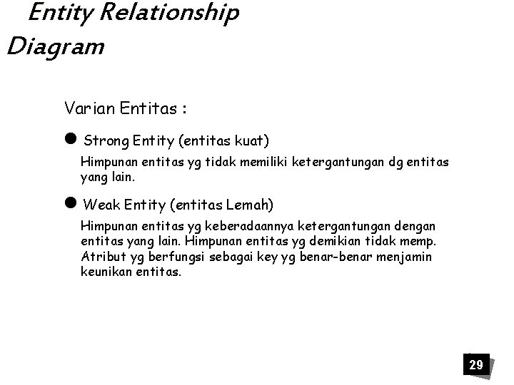 Entity Relationship Diagram Varian Entitas : n Strong Entity (entitas kuat) Himpunan entitas yg