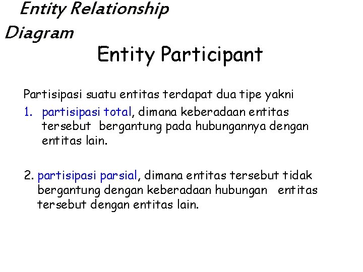 Entity Relationship Diagram Entity Participant Partisipasi suatu entitas terdapat dua tipe yakni 1. partisipasi