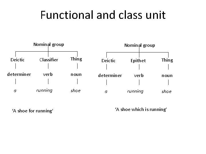 Functional and class unit Nominal group Deictic determiner a Nominal group Classifier Thing verb