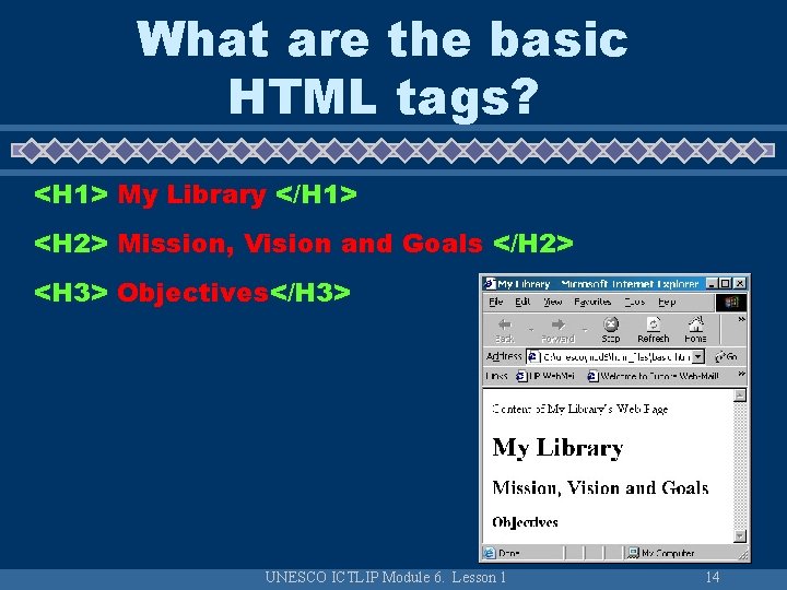 What are the basic HTML tags? <H 1> My Library </H 1> <H 2>