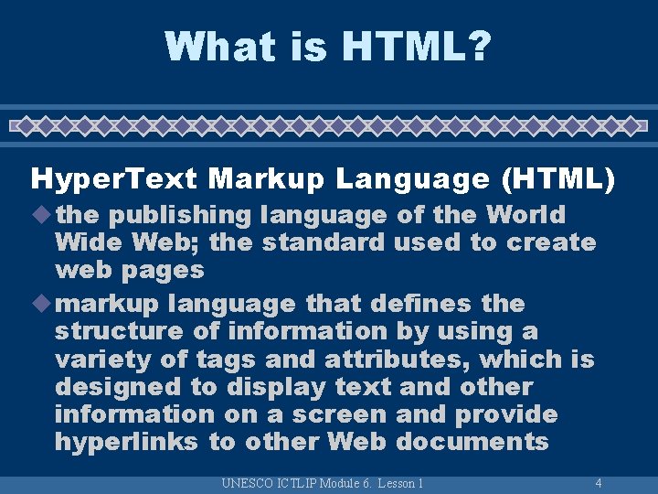 What is HTML? Hyper. Text Markup Language (HTML) u the publishing language of the