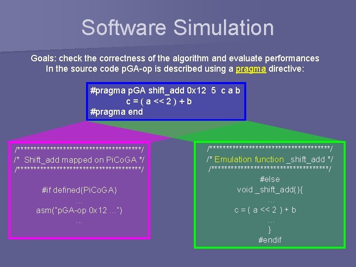 Software Simulation Goals: check the correctness of the algorithm and evaluate performances In the