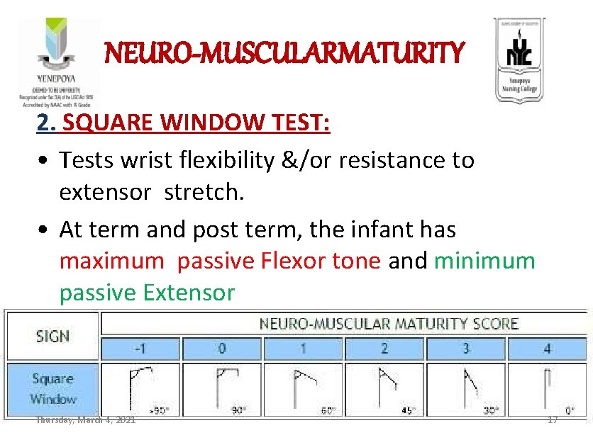 NEURO-MUSCULARMATURITY 2. SQUARE WINDOW TEST: • Tests wrist flexibility &/or resistance to extensor stretch.