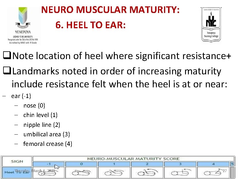  NEURO MUSCULAR MATURITY: 6. HEEL TO EAR: q. Note location of heel where