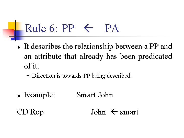 Rule 6: PP ● PA It describes the relationship between a PP and an