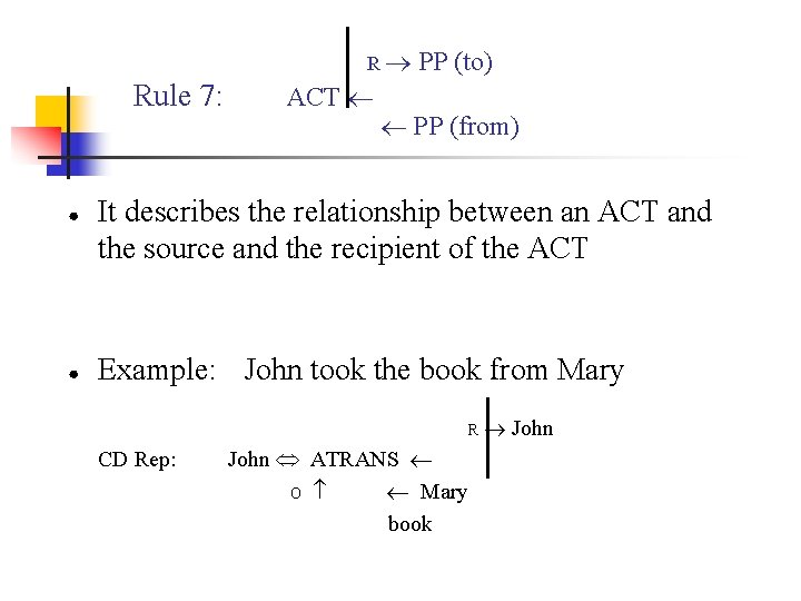 R Rule 7: ● ● ACT PP (to) PP (from) It describes the relationship