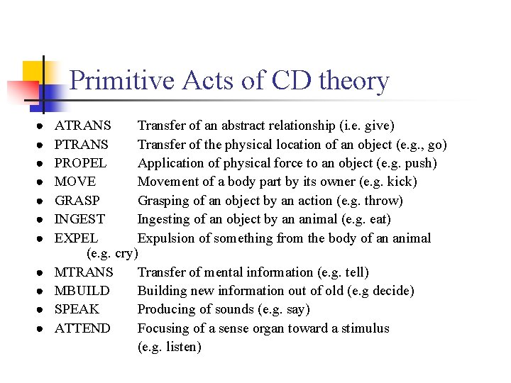 Primitive Acts of CD theory ● ● ● ATRANS Transfer of an abstract relationship