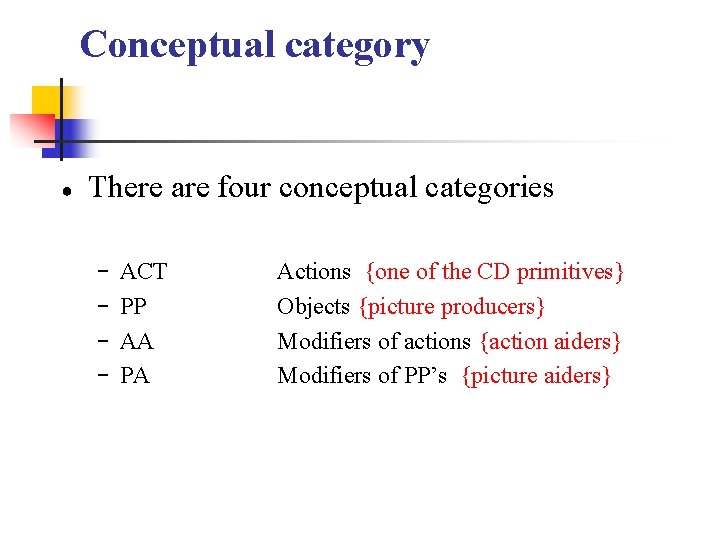 Conceptual category ● There are four conceptual categories − ACT − PP − AA