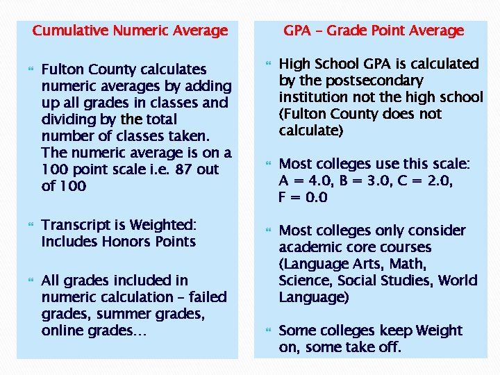Cumulative Numeric Average Fulton County calculates numeric averages by adding up all grades in