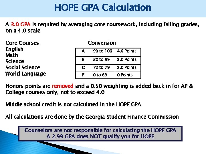 HOPE GPA Calculation A 3. 0 GPA is required by averaging core coursework, including