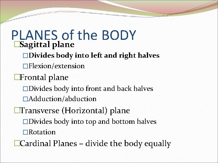 PLANES of the BODY �Sagittal plane �Divides body into left and right halves �Flexion/extension