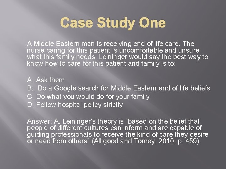 Case Study One A Middle Eastern man is receiving end of life care. The