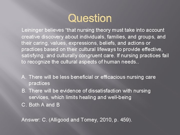 Question Leininger believes “that nursing theory must take into account creative discovery about individuals,