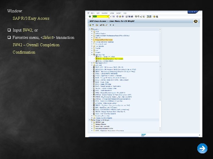 Window: SAP R/3 Easy Access q Input IW 42; or q Favorites menu, <Select>