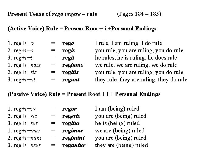 Present Tense of rego regere – rule (Pages 184 – 185) (Active Voice) Rule