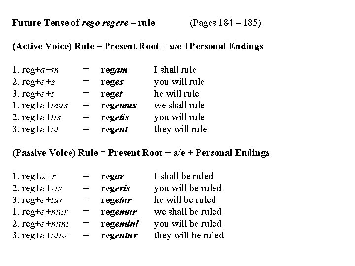 Future Tense of rego regere – rule (Pages 184 – 185) (Active Voice) Rule