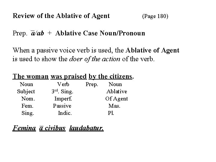 Review of the Ablative of Agent (Page 180) Prep. a/ab + Ablative Case Noun/Pronoun