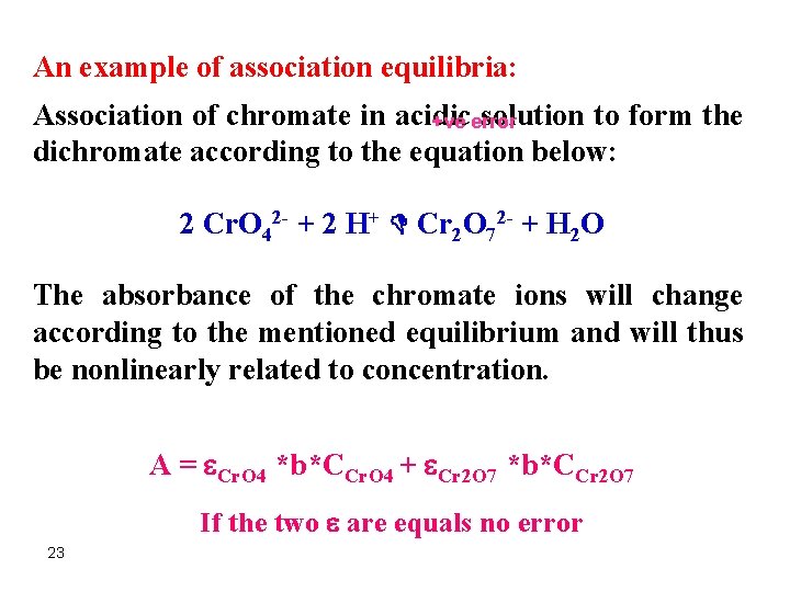 An example of association equilibria: Association of chromate in acidic solution to form the