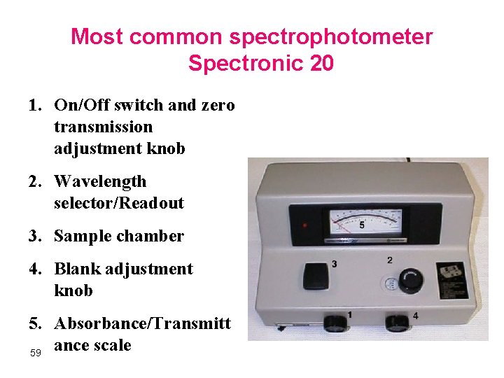 Most common spectrophotometer Spectronic 20 1. On/Off switch and zero transmission adjustment knob 2.