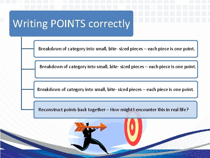 Writing POINTS correctly Breakdown of category into small, bite- sized pieces – each piece
