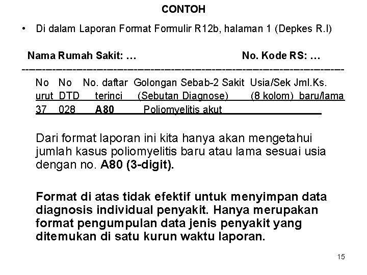 CONTOH • Di dalam Laporan Format Formulir R 12 b, halaman 1 (Depkes R.