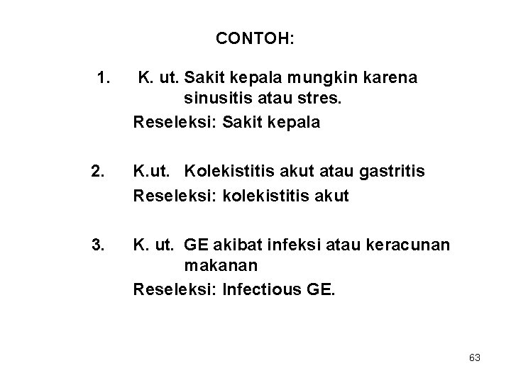 CONTOH: 1. K. ut. Sakit kepala mungkin karena sinusitis atau stres. Reseleksi: Sakit kepala