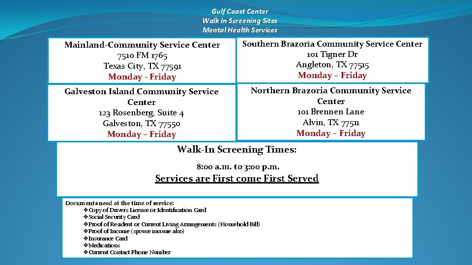 Gulf Coast Center Walk In Screening Sites Mental Health Services Mainland-Community Service Center 7510