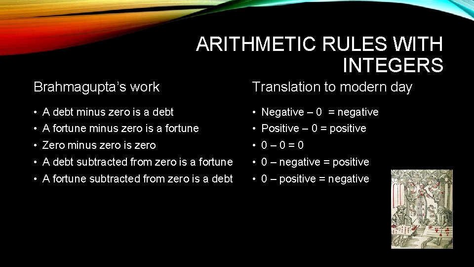 ARITHMETIC RULES WITH INTEGERS Brahmagupta’s work Translation to modern day • A debt minus