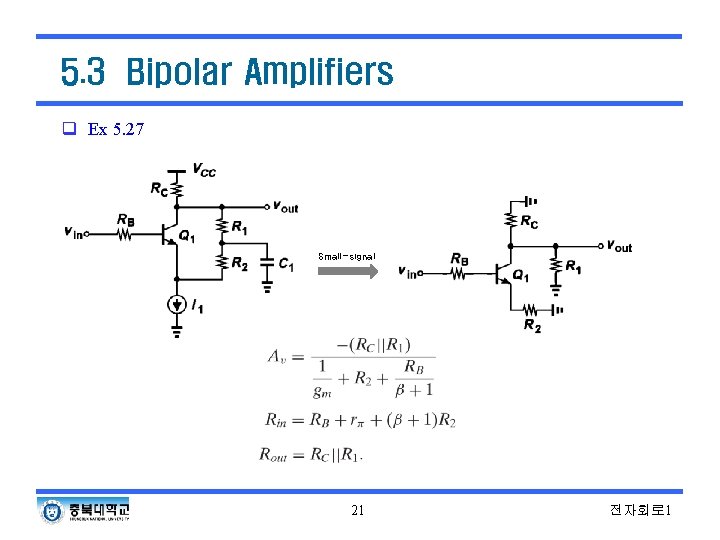 5. 3 Bipolar Amplifiers q Ex 5. 27 Small-signal 21 전자회로 1 