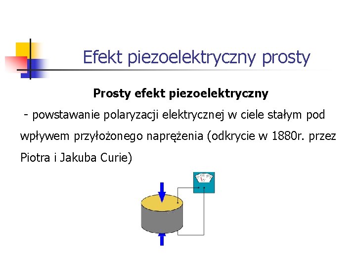 Efekt piezoelektryczny prosty Prosty efekt piezoelektryczny - powstawanie polaryzacji elektrycznej w ciele stałym pod