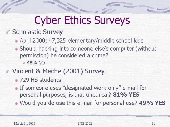 Cyber Ethics Surveys Scholastic Survey April 2000; 47, 325 elementary/middle school kids Should hacking