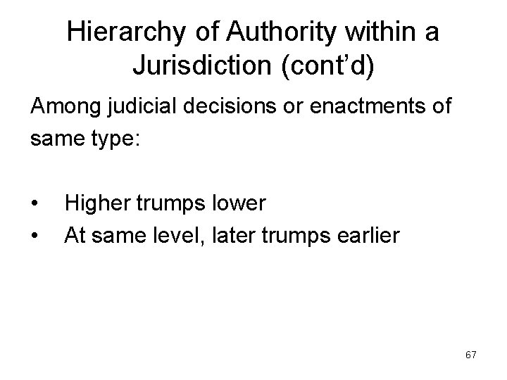 Hierarchy of Authority within a Jurisdiction (cont’d) Among judicial decisions or enactments of same