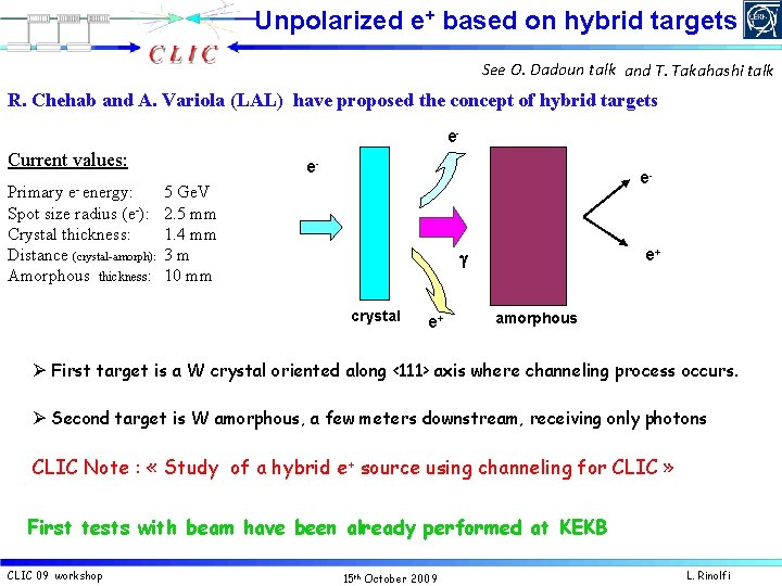 Unpolarized e+ based on hybrid targets See O. Dadoun talk and T. Takahashi talk