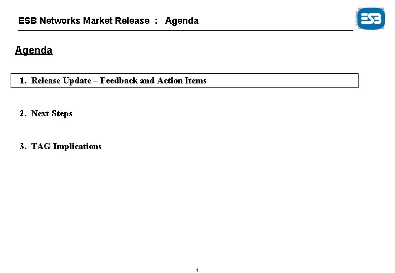 ESB Networks Market Release : Agenda 1. Release Update – Feedback and Action Items