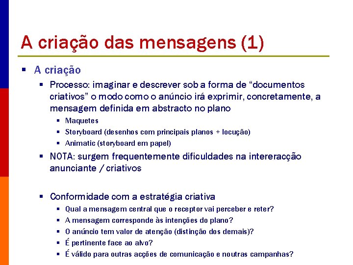 A criação das mensagens (1) § A criação § Processo: imaginar e descrever sob