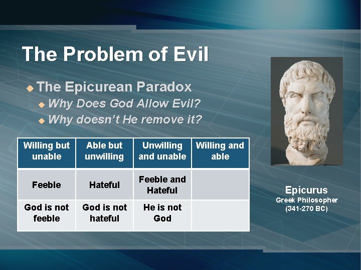 The Problem of Evil u The Epicurean Paradox Why Does God Allow Evil? u