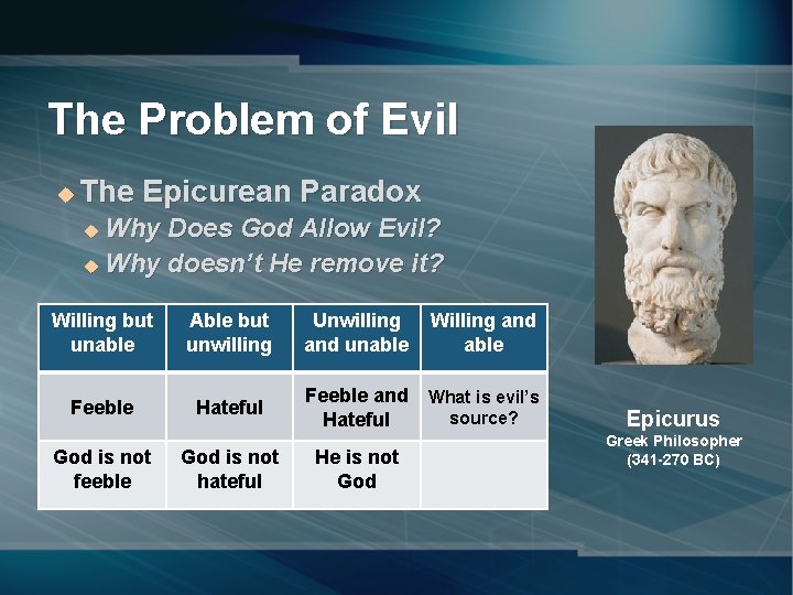 The Problem of Evil u The Epicurean Paradox Why Does God Allow Evil? u