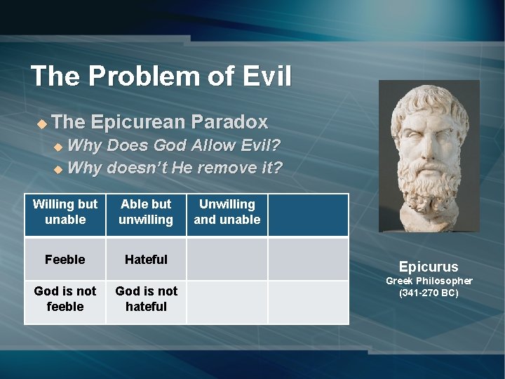 The Problem of Evil u The Epicurean Paradox Why Does God Allow Evil? u