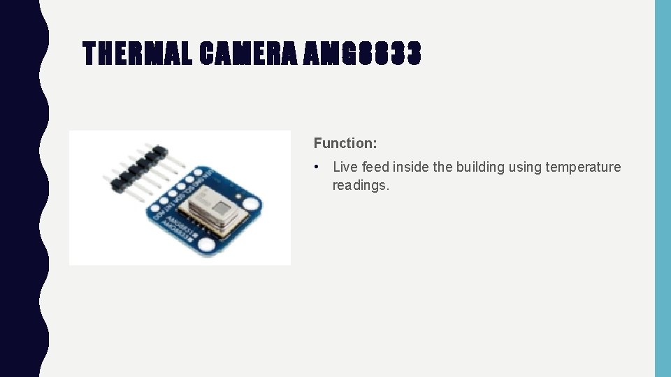 THERMAL CAMERA AMG 8833 Function: • Live feed inside the building using temperature readings.