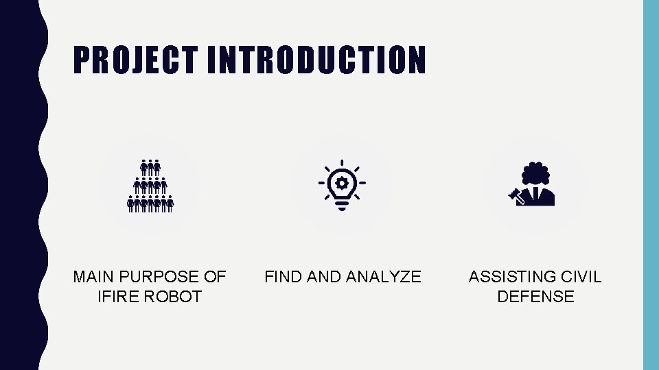 PROJECT INTRODUCTION MAIN PURPOSE OF IFIRE ROBOT FIND ANALYZE ASSISTING CIVIL DEFENSE 