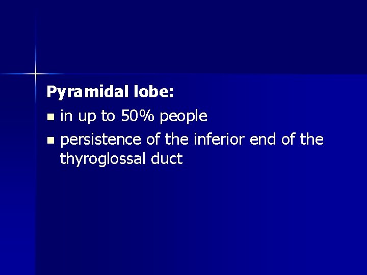Pyramidal lobe: n in up to 50% people n persistence of the inferior end