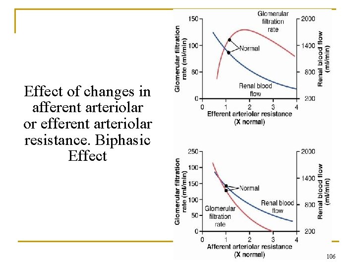 Effect of changes in afferent arteriolar or efferent arteriolar resistance. Biphasic Effect 106 
