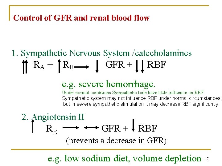 Control of GFR and renal blood flow 1. Sympathetic Nervous System /catecholamines RA +