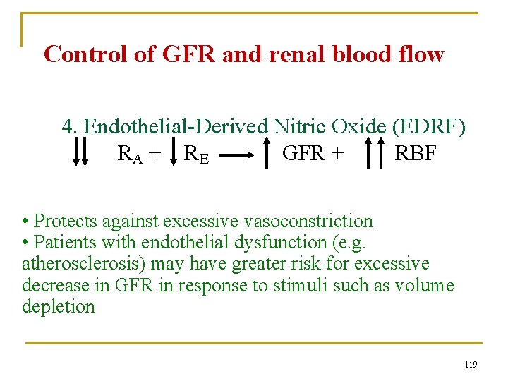 Control of GFR and renal blood flow 4. Endothelial-Derived Nitric Oxide (EDRF) RA +