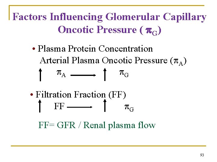 Factors Influencing Glomerular Capillary Oncotic Pressure ( G) • Plasma Protein Concentration Arterial Plasma