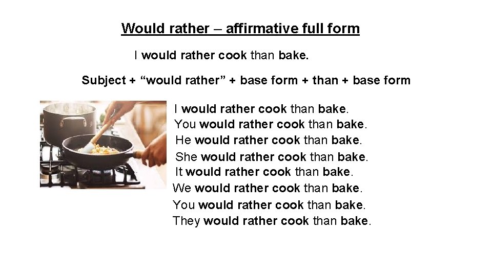 Would rather – affirmative full form I would rather cook than bake. Subject +