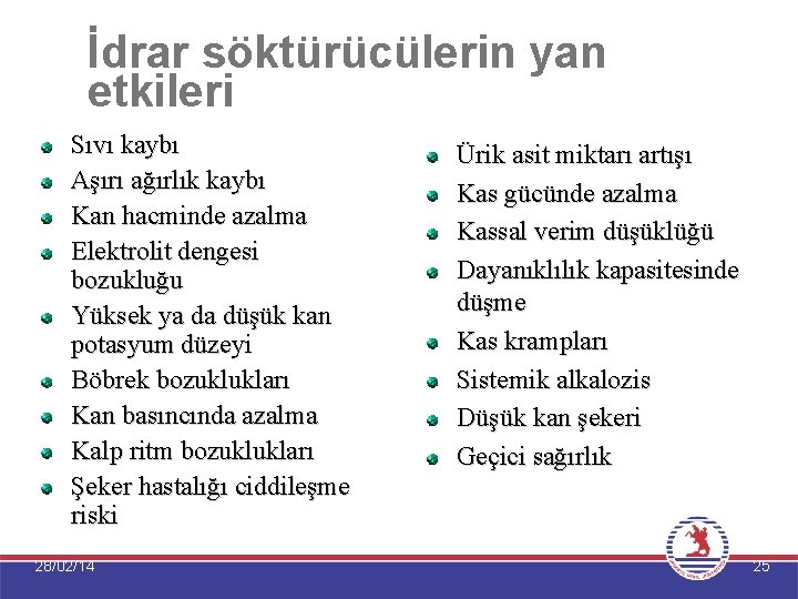 İdrar söktürücülerin yan etkileri Sıvı kaybı Aşırı ağırlık kaybı Kan hacminde azalma Elektrolit dengesi