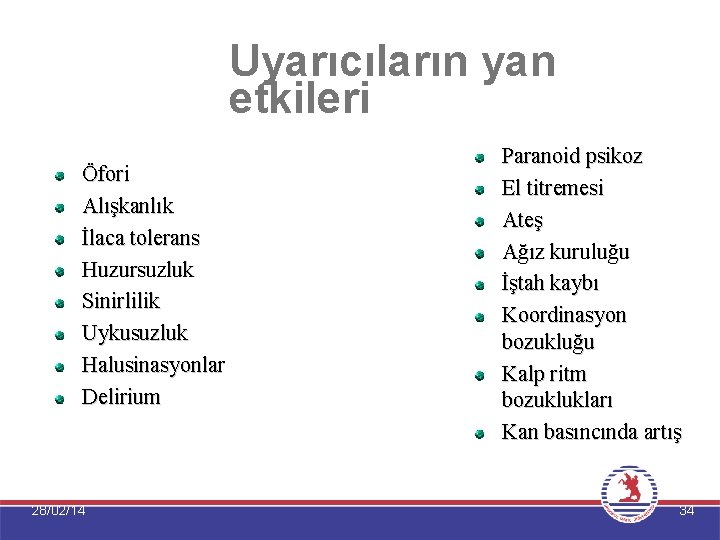 Uyarıcıların yan etkileri Öfori Alışkanlık İlaca tolerans Huzursuzluk Sinirlilik Uykusuzluk Halusinasyonlar Delirium 28/02/14 Paranoid